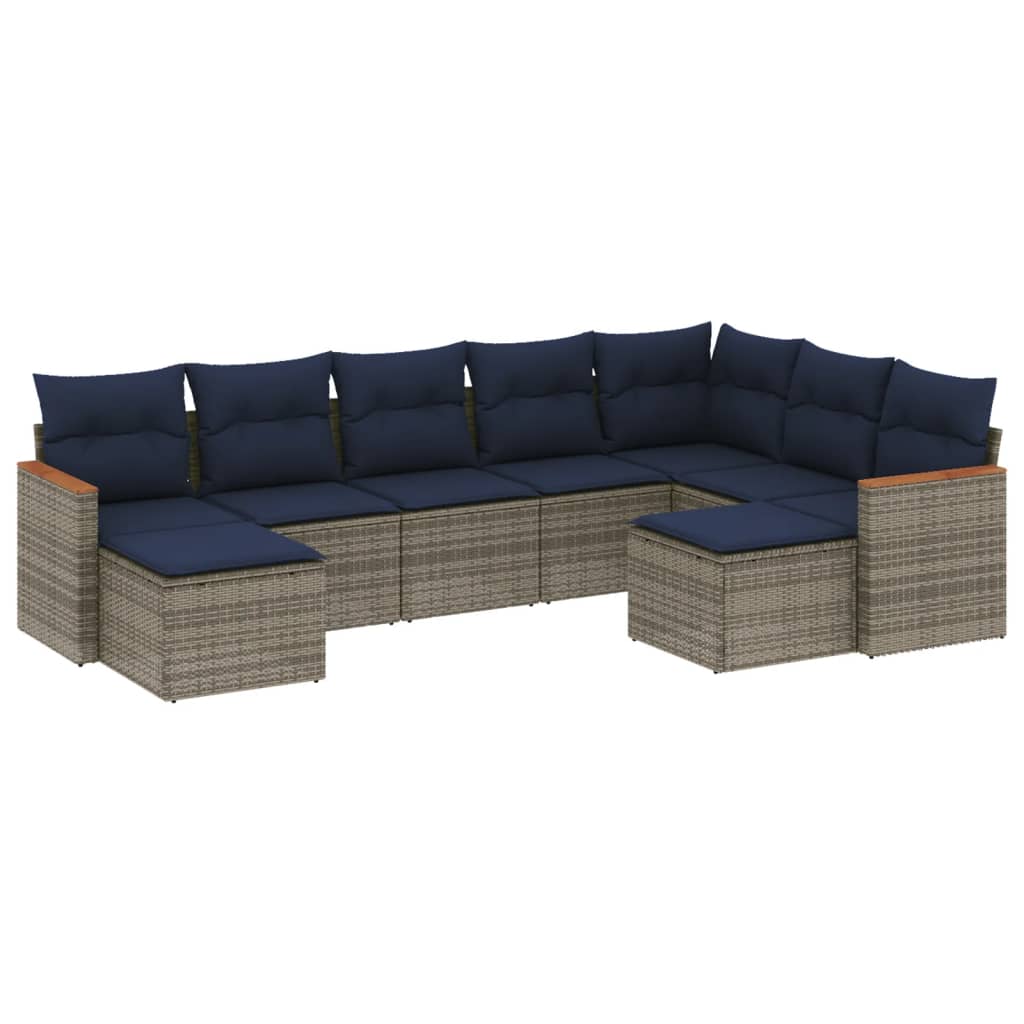 9-teiliges Gartensofa-Set mit Kissen, grau, Polyrattan