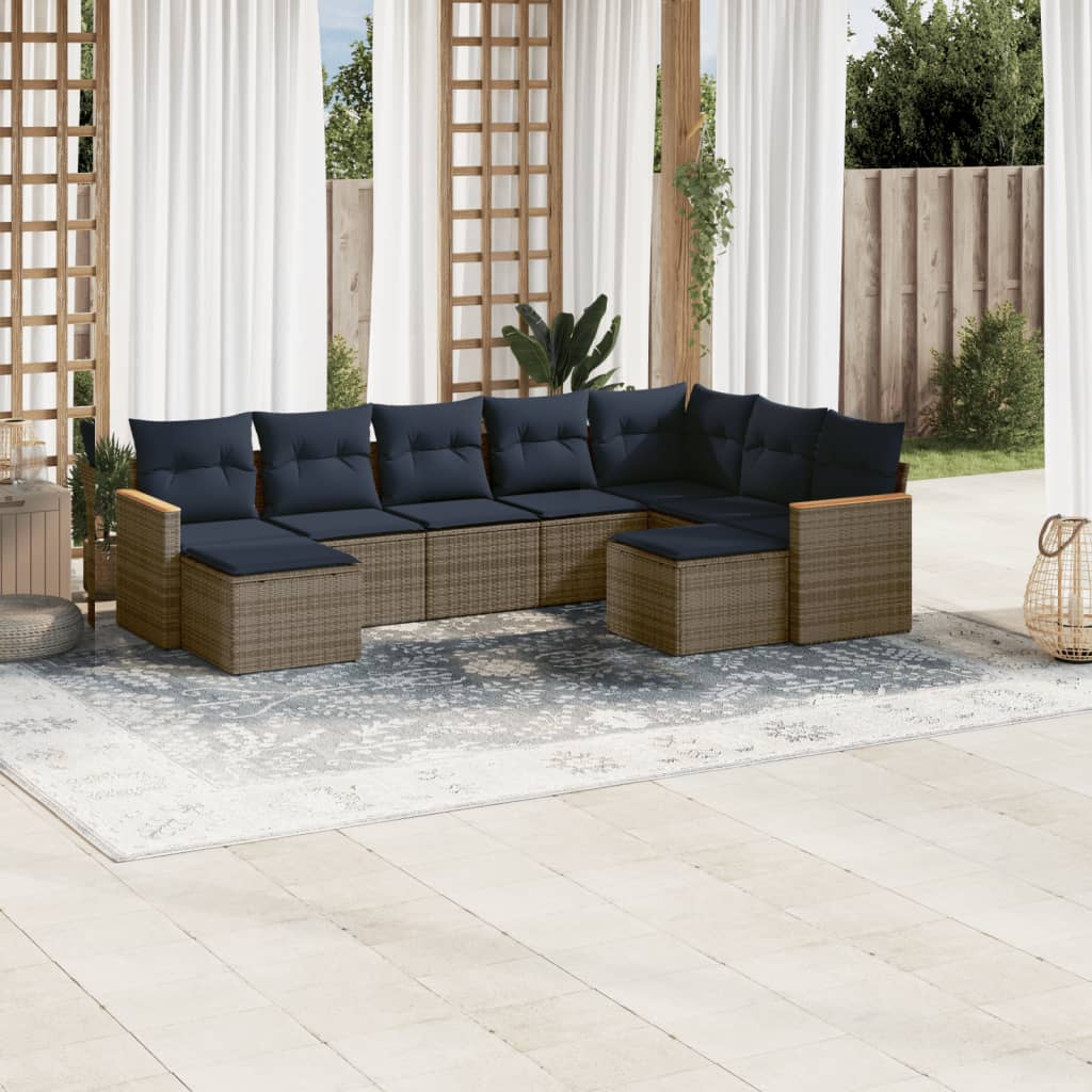 9-teiliges Gartensofa-Set mit Kissen, grau, Polyrattan