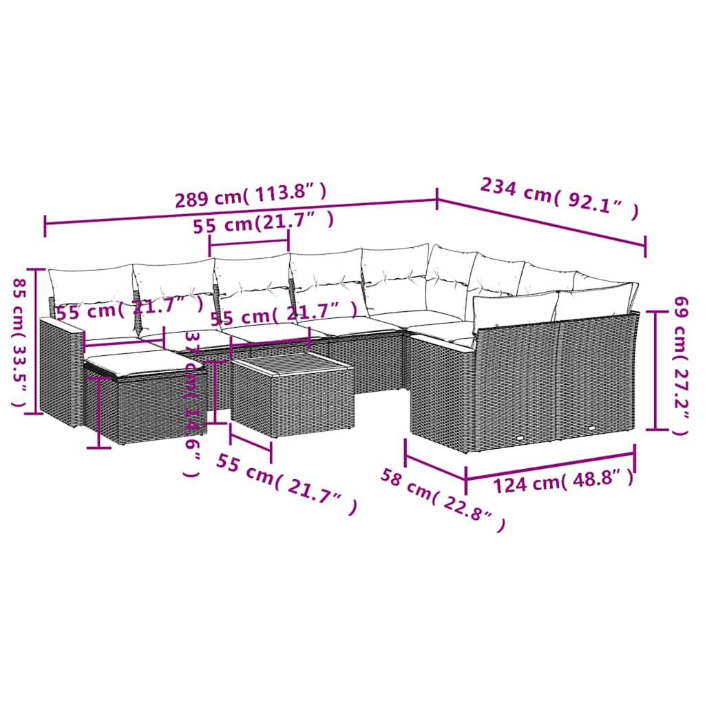 11-teiliges Gartensofa-Set mit Kissen, grau, Polyrattan