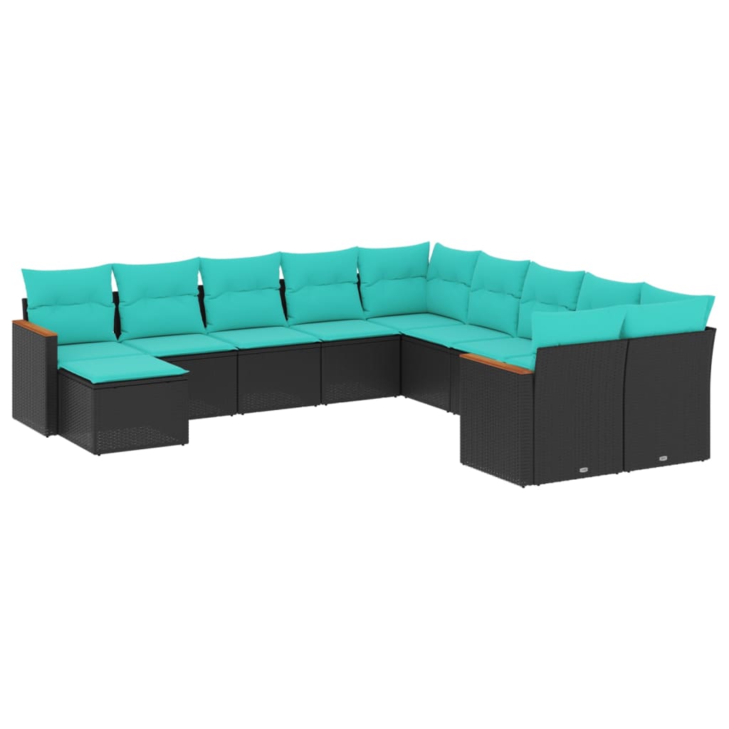 11-teiliges Gartensofa-Set mit Kissen, schwarzes Polyrattan