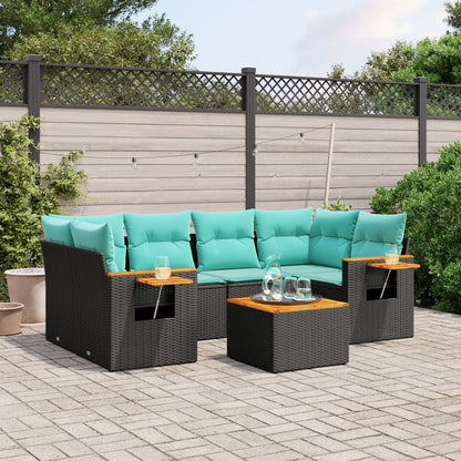 7-tlg. Garten-Sofagarnitur mit Kissen Schwarz Poly Rattan