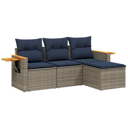 4-tlg. Garten-Sofagarnitur mit Kissen Grau Poly Rattan