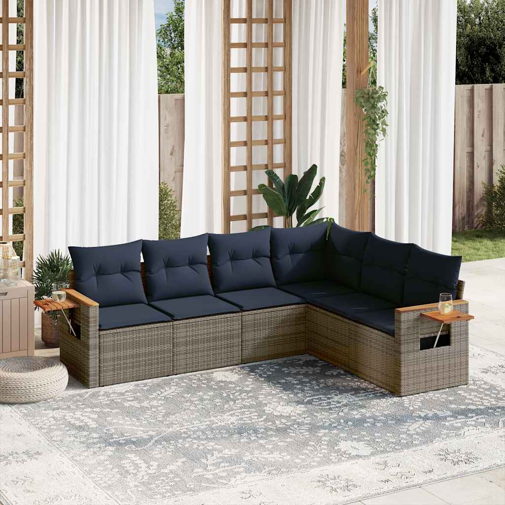 6-tlg. Garten-Sofagarnitur mit Kissen Grau Poly Rattan