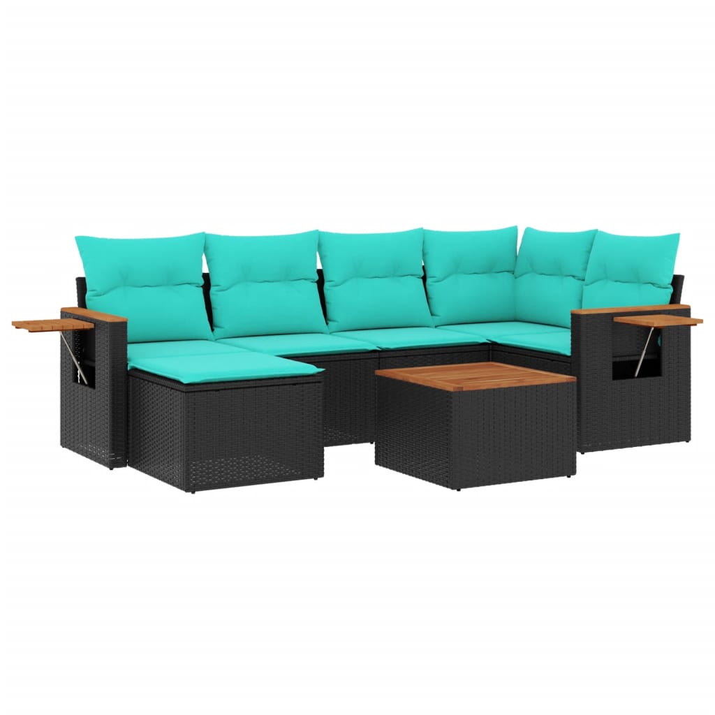 7-tlg. Garten-Sofagarnitur mit Kissen Schwarz Poly Rattan