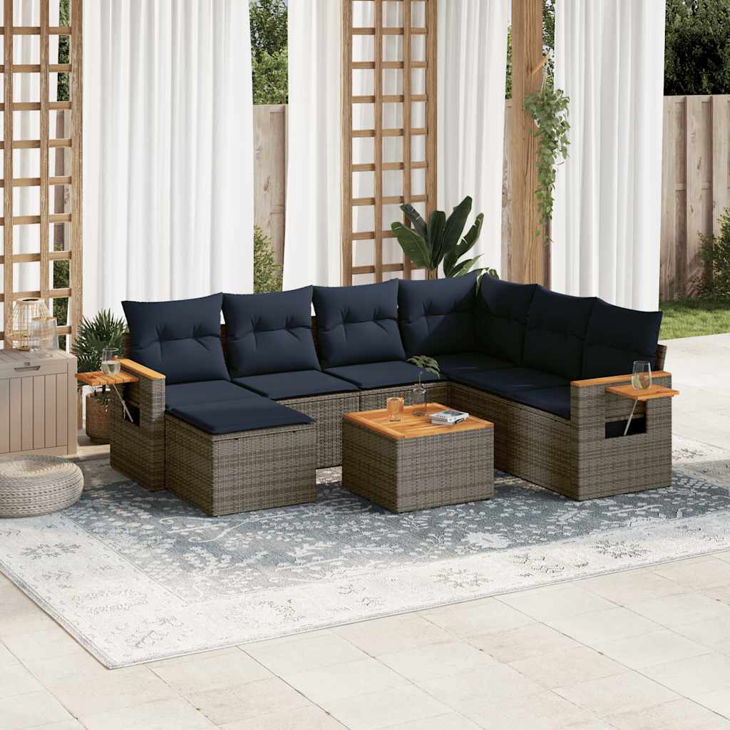 8-tlg. Garten-Sofagarnitur mit Kissen Grau Poly Rattan