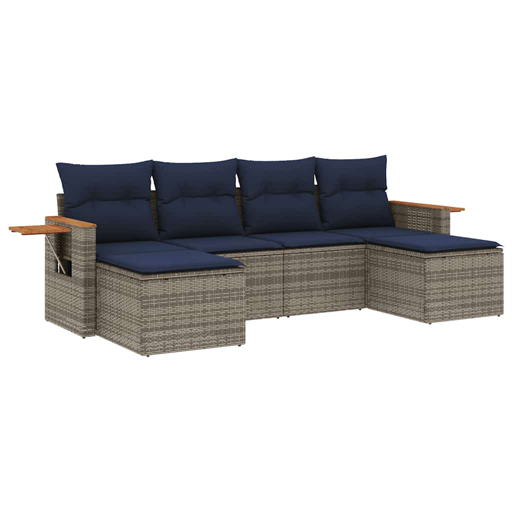 6-tlg. Garten-Sofagarnitur mit Kissen Grau Poly Rattan