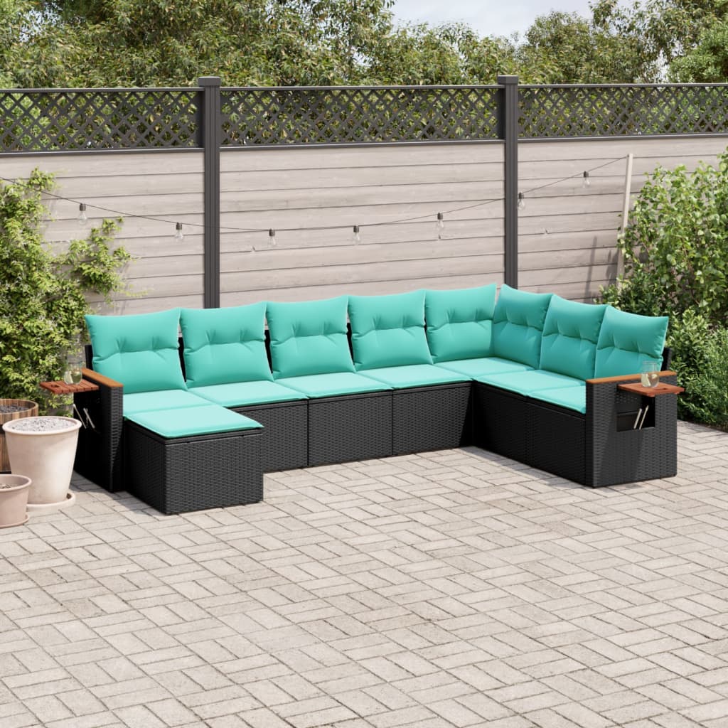 8-tlg. Garten-Sofagarnitur mit Kissen Schwarz Poly Rattan