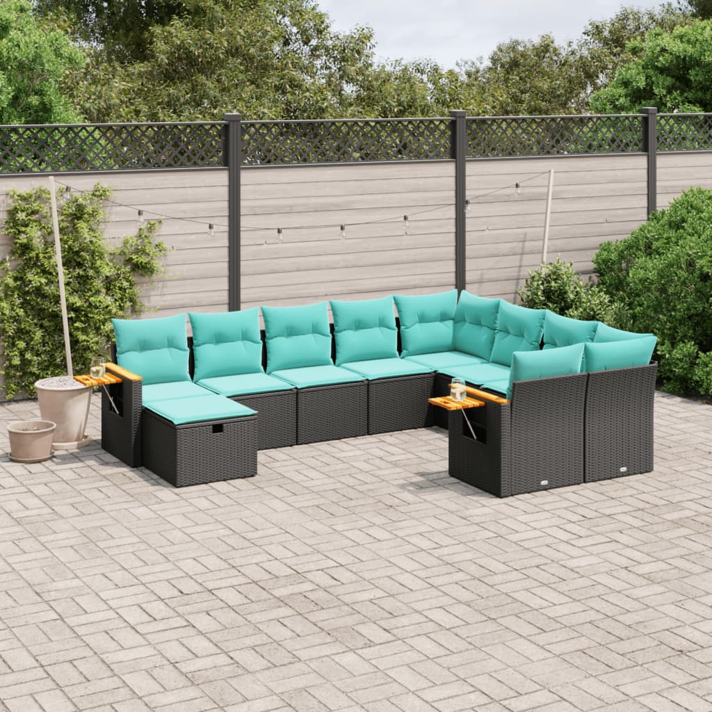 10-tlg. Garten-Sofagarnitur mit Kissen Schwarz Poly Rattan