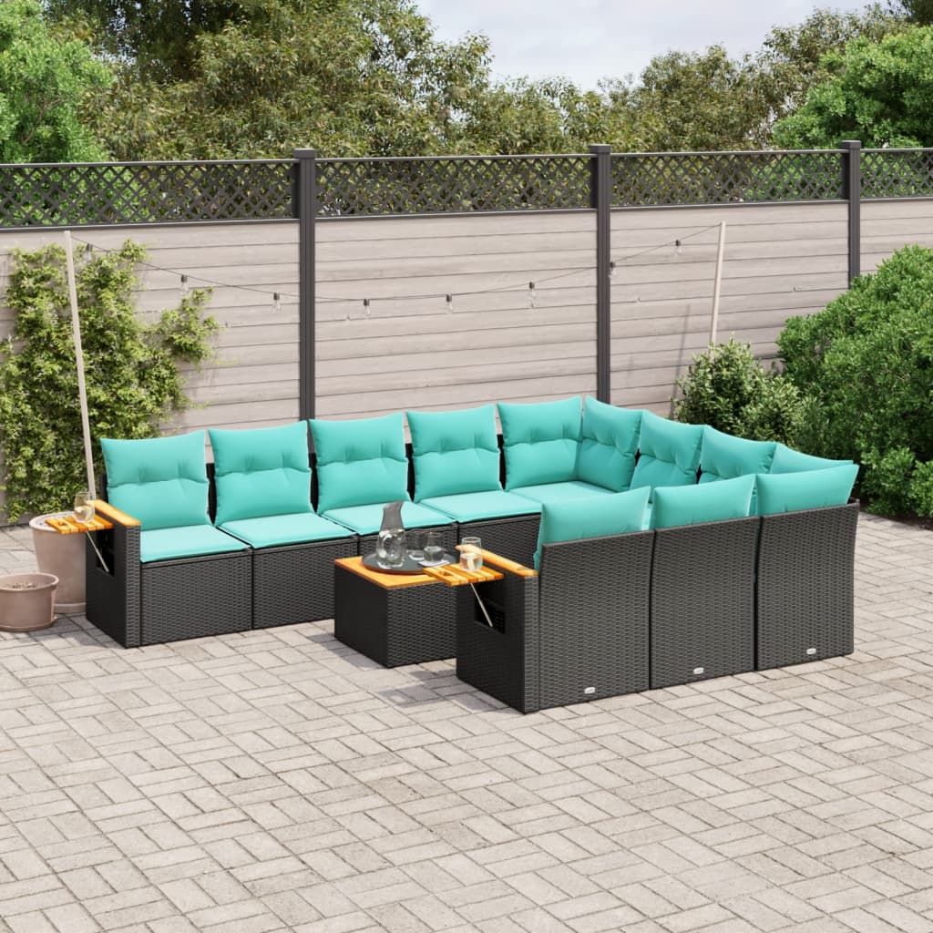 11-tlg. Garten-Sofagarnitur mit Kissen Schwarz Poly Rattan