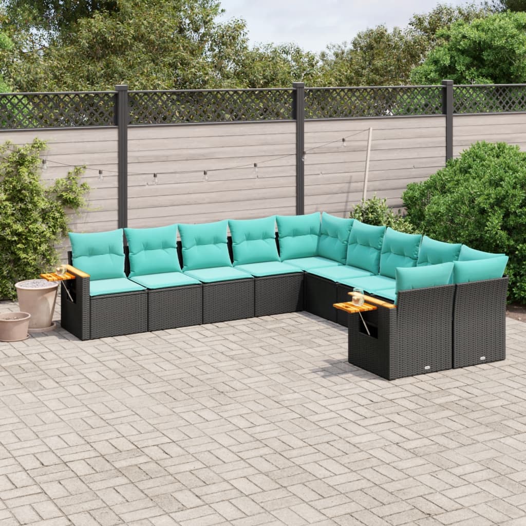 10-tlg. Garten-Sofagarnitur mit Kissen Schwarz Poly Rattan
