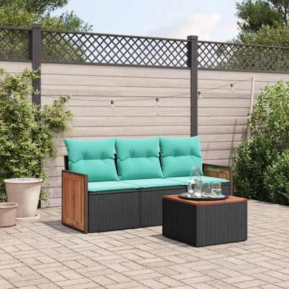 4-teiliges Gartensofa-Set mit Kissen, schwarzes Polyrattan
