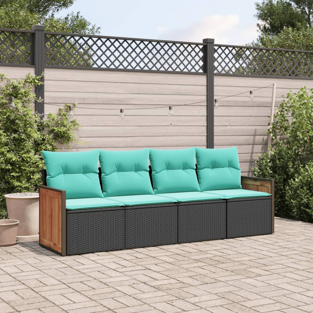4-teiliges Gartensofa-Set mit Kissen, schwarzes Polyrattan