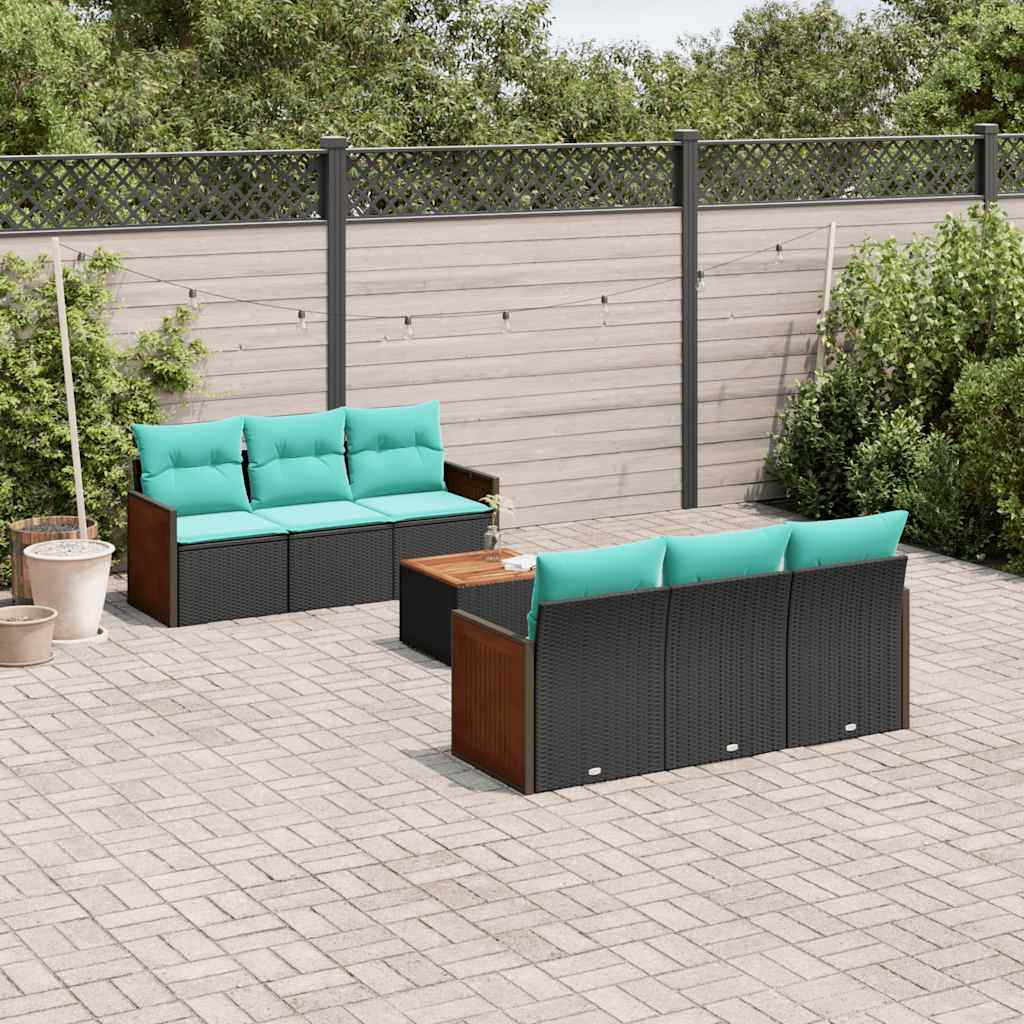 7-teiliges Gartensofa-Set mit Kissen, schwarzes Polyrattan