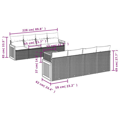 9-teiliges Gartensofa-Set mit Kissen, schwarzes Polyrattan