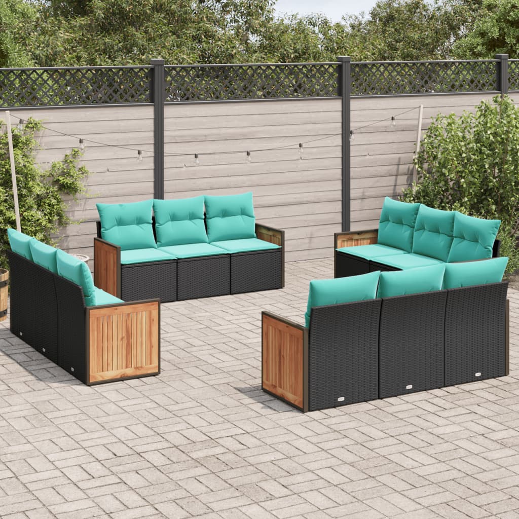 12-teiliges Gartensofa-Set mit Kissen, schwarzes Polyrattan