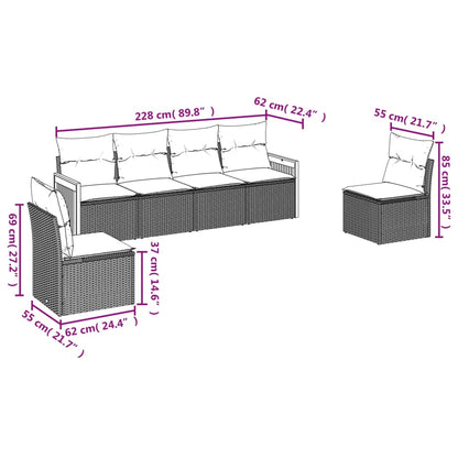 6-teiliges Gartensofa-Set mit Kissen, schwarzes Polyrattan