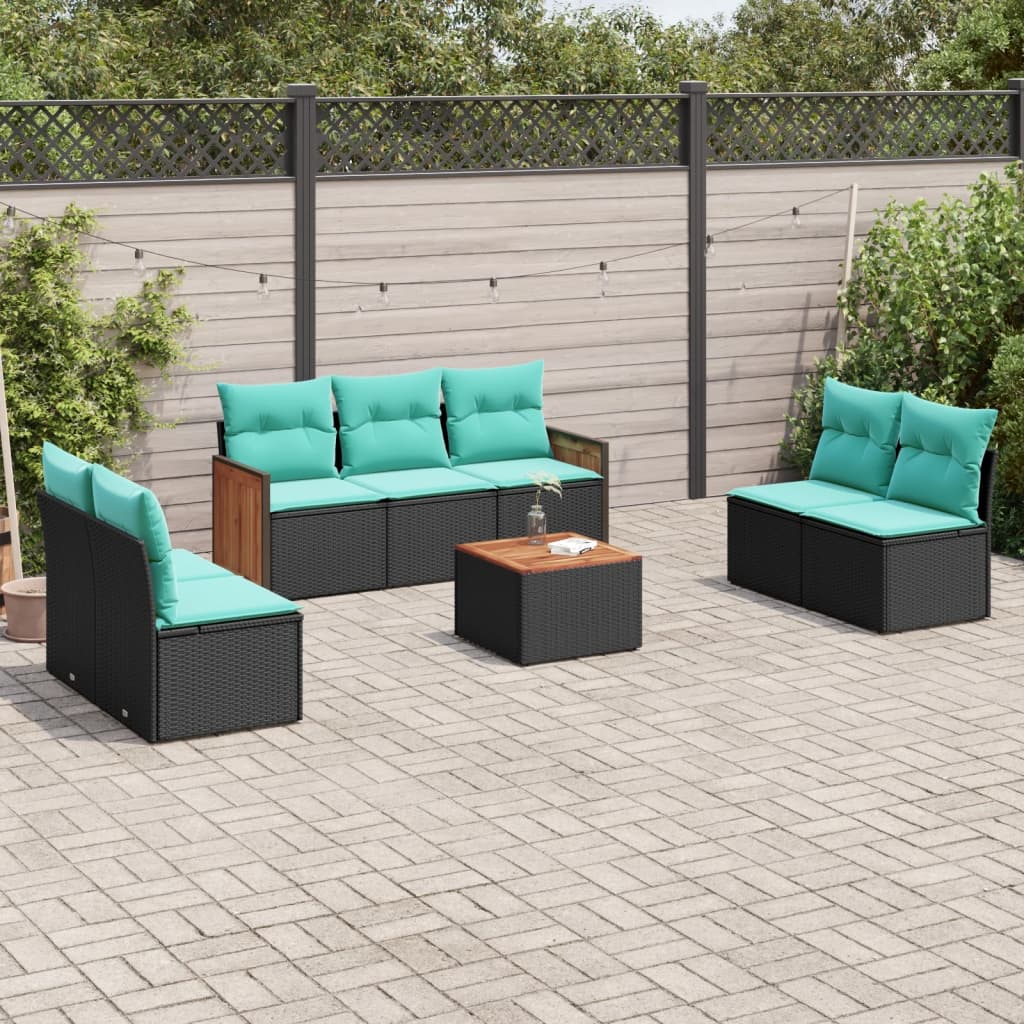 8-teiliges Gartensofa-Set mit Kissen, schwarzes Polyrattan