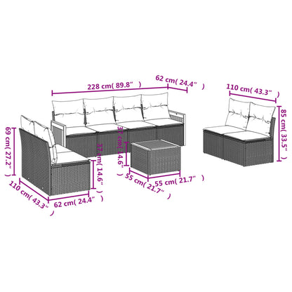 9-teiliges Gartensofa-Set mit Kissen, schwarzes Polyrattan