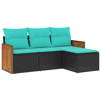 4-teiliges Gartensofa-Set mit Kissen, schwarzes Polyrattan
