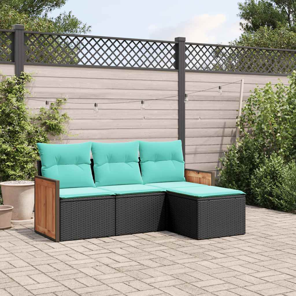4-teiliges Gartensofa-Set mit Kissen, schwarzes Polyrattan