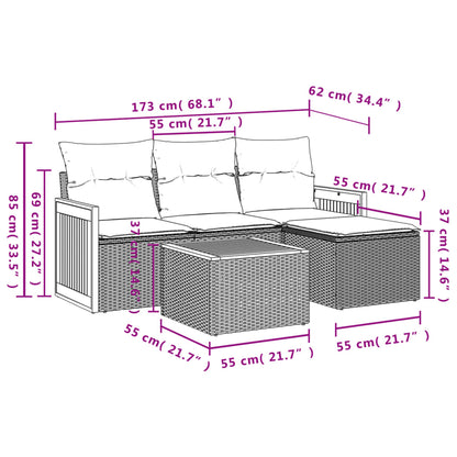 5-teiliges Gartensofa-Set mit Kissen, schwarzes Polyrattan
