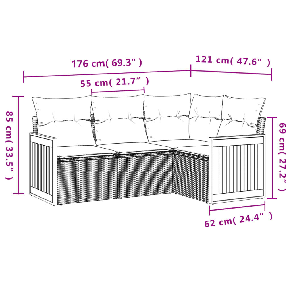 4-teiliges Gartensofa-Set mit Kissen, schwarzes Polyrattan