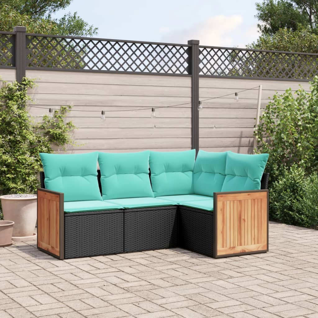 4-teiliges Gartensofa-Set mit Kissen, schwarzes Polyrattan