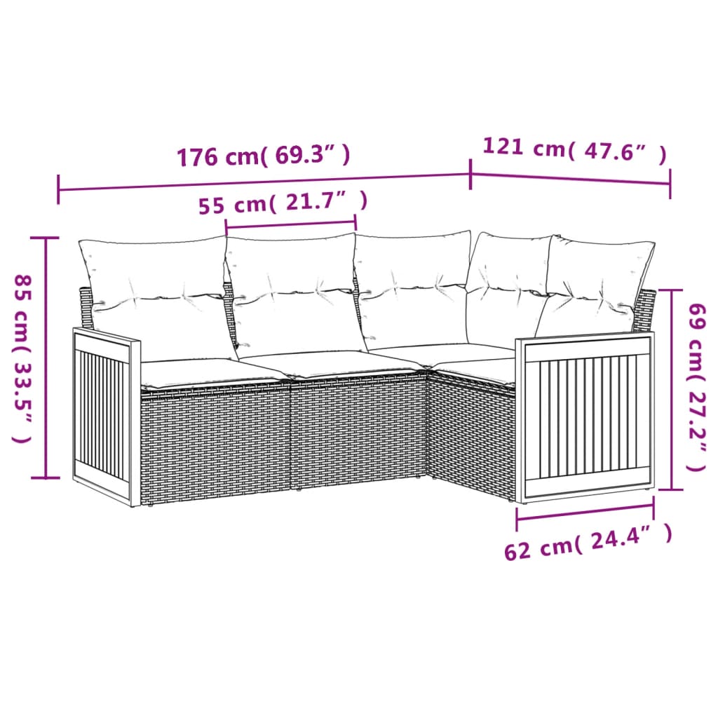 4-teiliges Gartensofa-Set mit Kissen, grau, Polyrattan