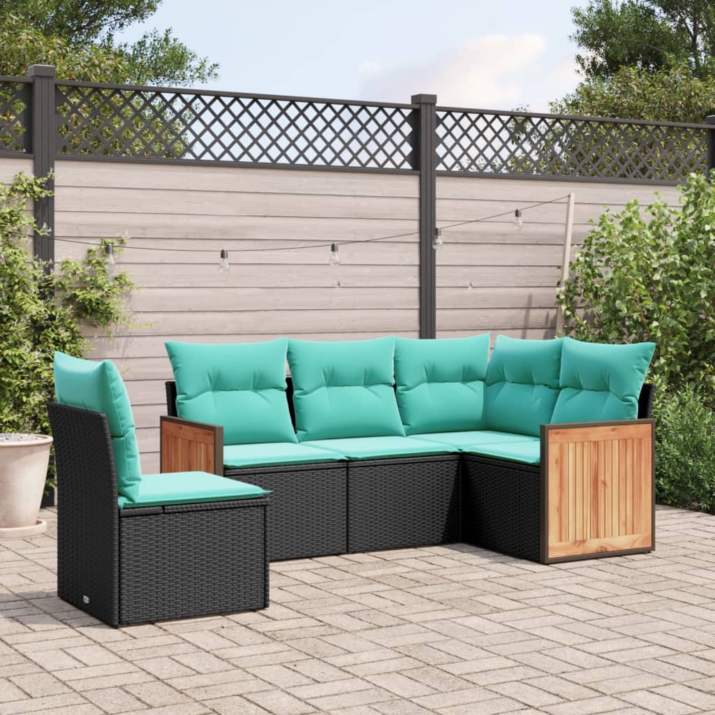 5-teiliges Gartensofa-Set mit Kissen, schwarzes Polyrattan