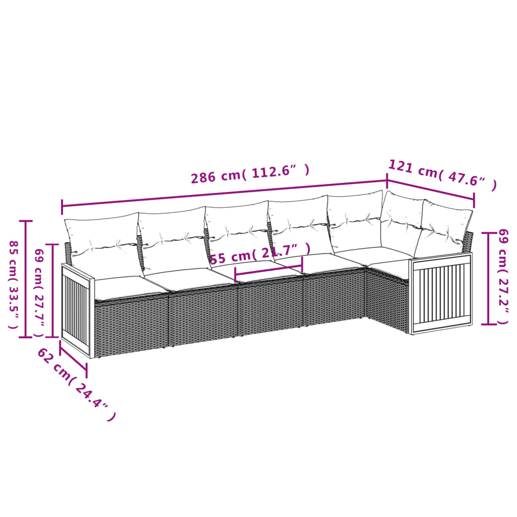 6-teiliges Gartensofa-Set mit Kissen, schwarzes Polyrattan