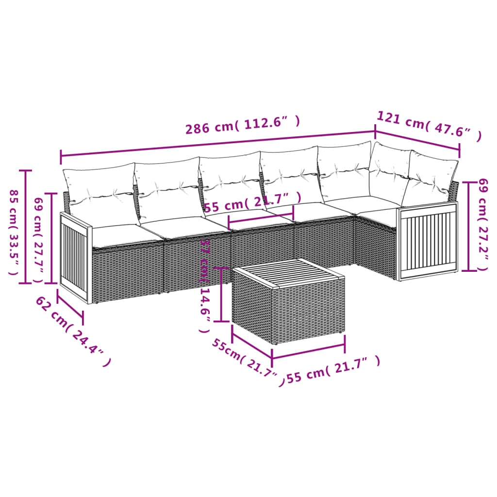 7-teiliges Gartensofa-Set mit Kissen, grau, Polyrattan