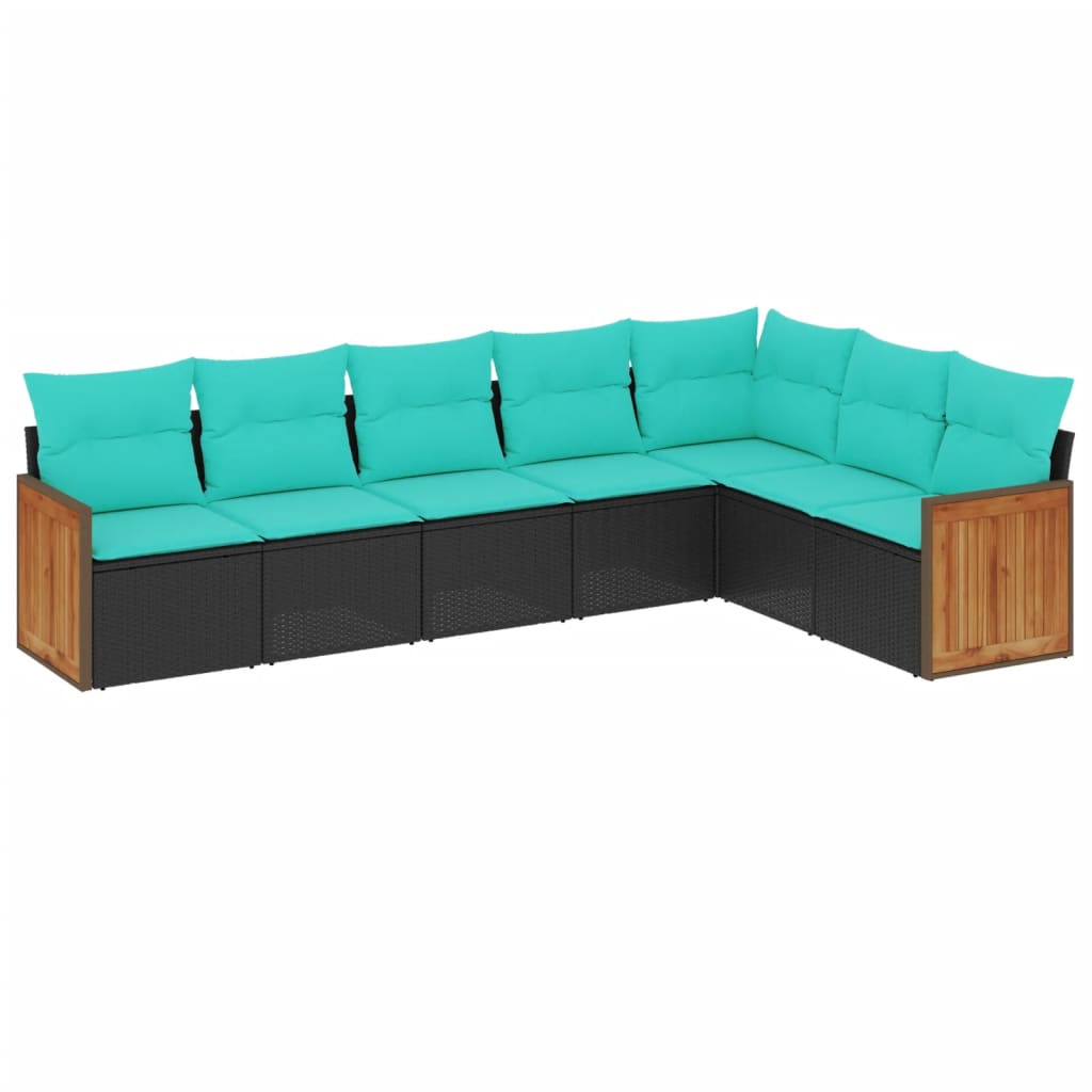 7-teiliges Gartensofa-Set mit Kissen, schwarzes Polyrattan