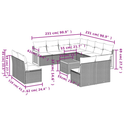 12-teiliges Gartensofa-Set mit Kissen, schwarzes Polyrattan