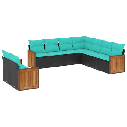 9-teiliges Gartensofa-Set mit Kissen, schwarzes Polyrattan