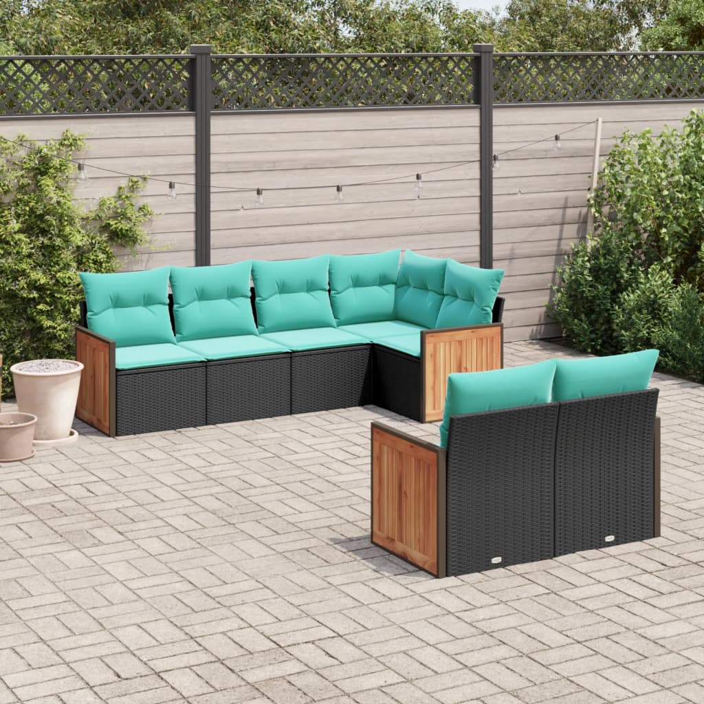 7-teiliges Gartensofa-Set mit Kissen, schwarzes Polyrattan