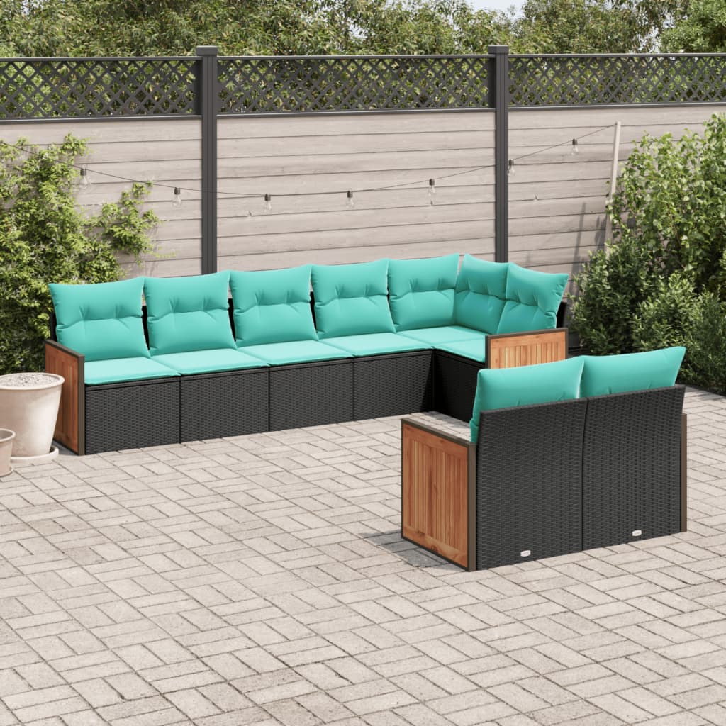 8-teiliges Gartensofa-Set mit Kissen, schwarzes Polyrattan