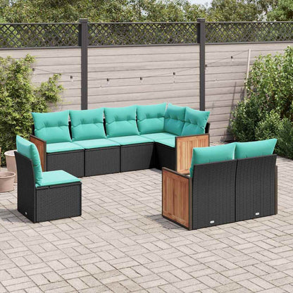 8-teiliges Gartensofa-Set mit Kissen, schwarzes Polyrattan