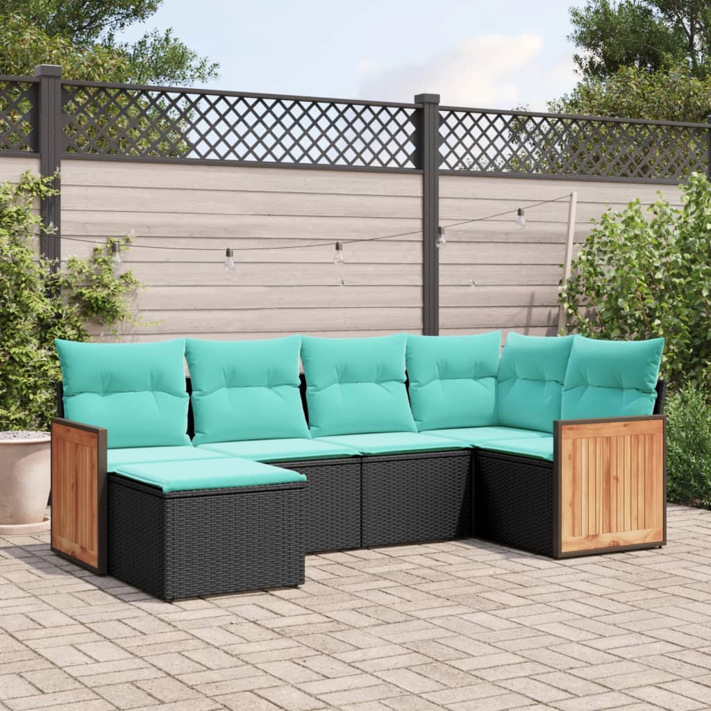 6-teiliges Gartensofa-Set mit Kissen, schwarzes Polyrattan