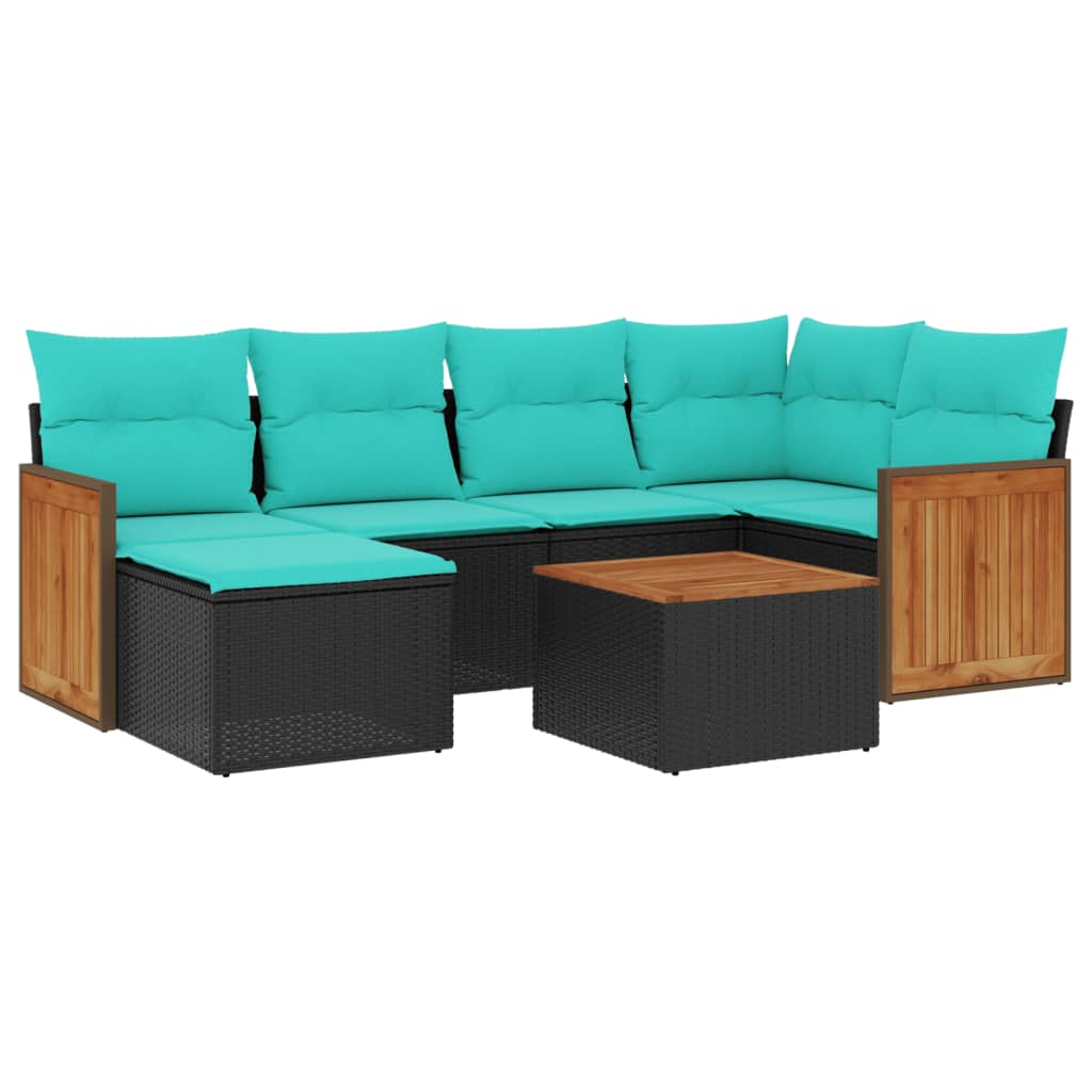 7-teiliges Gartensofa-Set mit Kissen, schwarzes Polyrattan