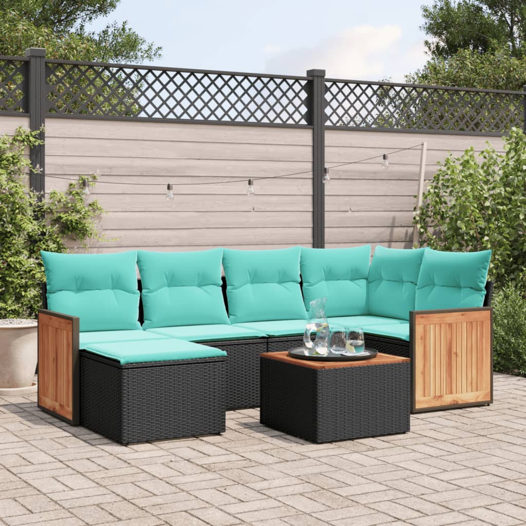 7-teiliges Gartensofa-Set mit Kissen, schwarzes Polyrattan