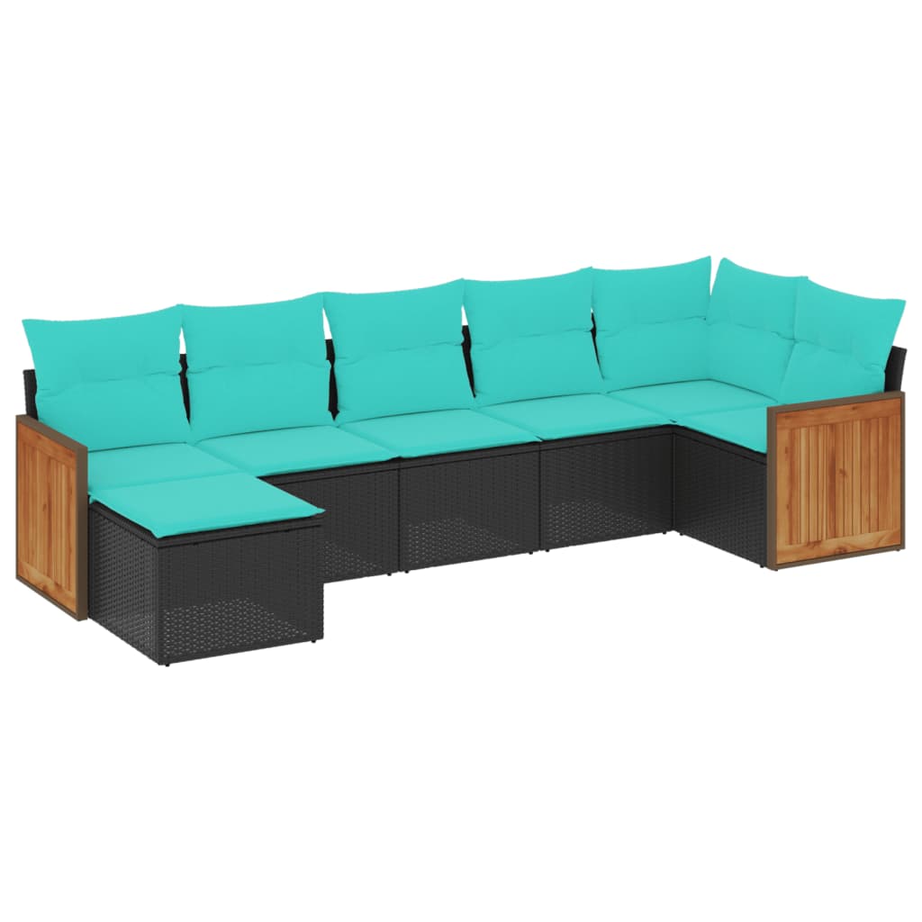 7-teiliges Gartensofa-Set mit Kissen, schwarzes Polyrattan