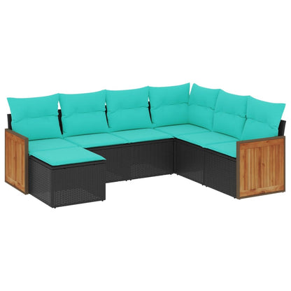 7-teiliges Gartensofa-Set mit Kissen, schwarzes Polyrattan