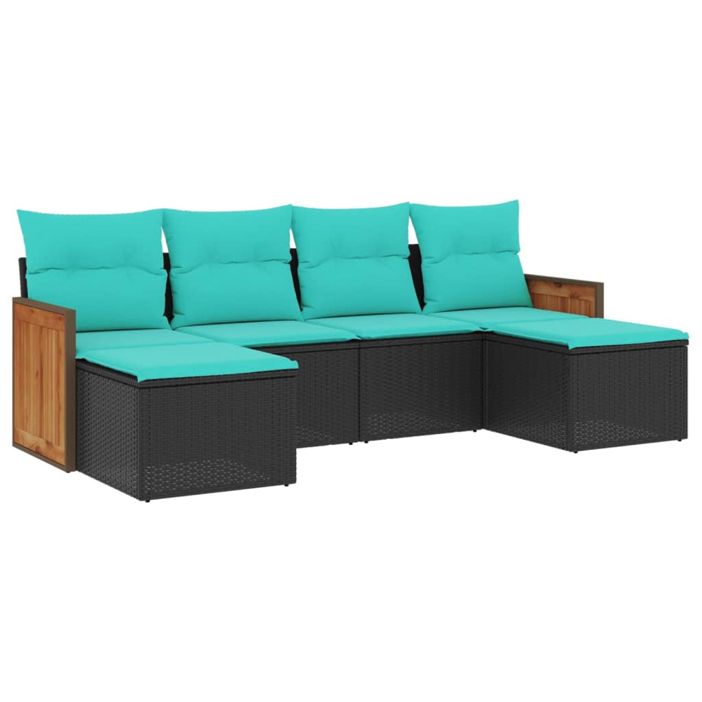 6-teiliges Gartensofa-Set mit Kissen, schwarzes Polyrattan