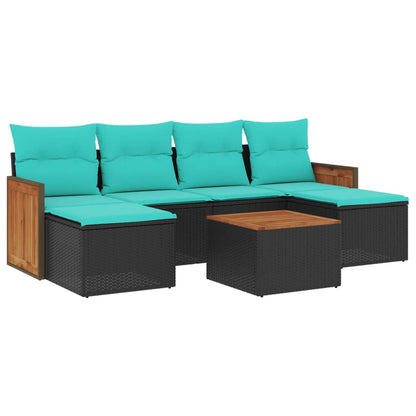 7-teiliges Gartensofa-Set mit Kissen, schwarzes Polyrattan