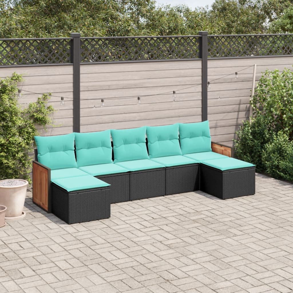 7-teiliges Gartensofa-Set mit Kissen, schwarzes Polyrattan