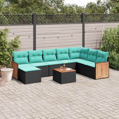 9-teiliges Gartensofa-Set mit Kissen, schwarzes Polyrattan