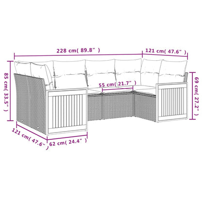 6-teiliges Gartensofa-Set mit Kissen, schwarzes Polyrattan