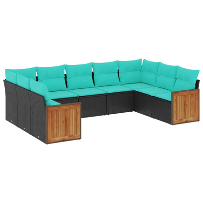 9-teiliges Gartensofa-Set mit Kissen, schwarzes Polyrattan