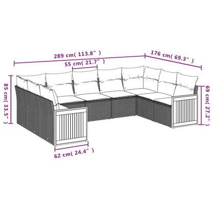 9-teiliges Gartensofa-Set mit Kissen, schwarzes Polyrattan