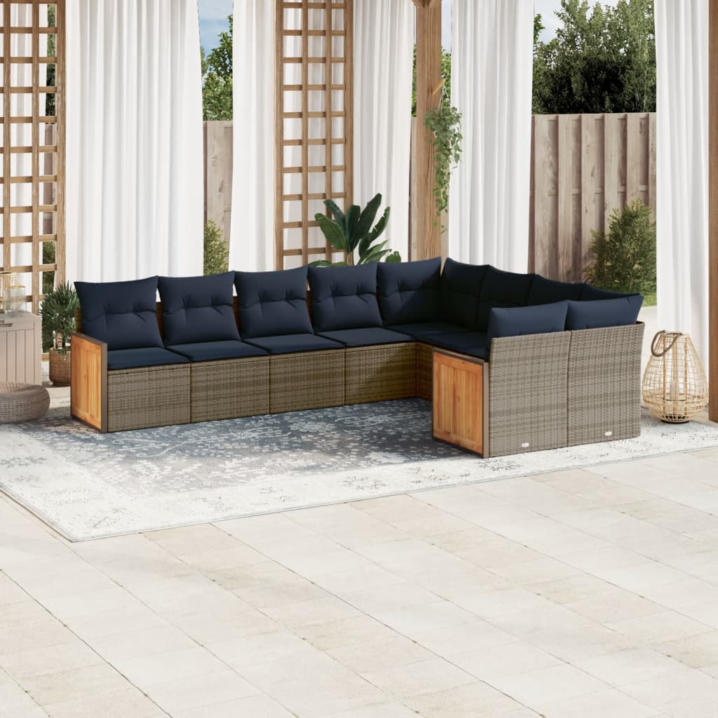 9-teiliges Gartensofa-Set mit Kissen, grau, Polyrattan